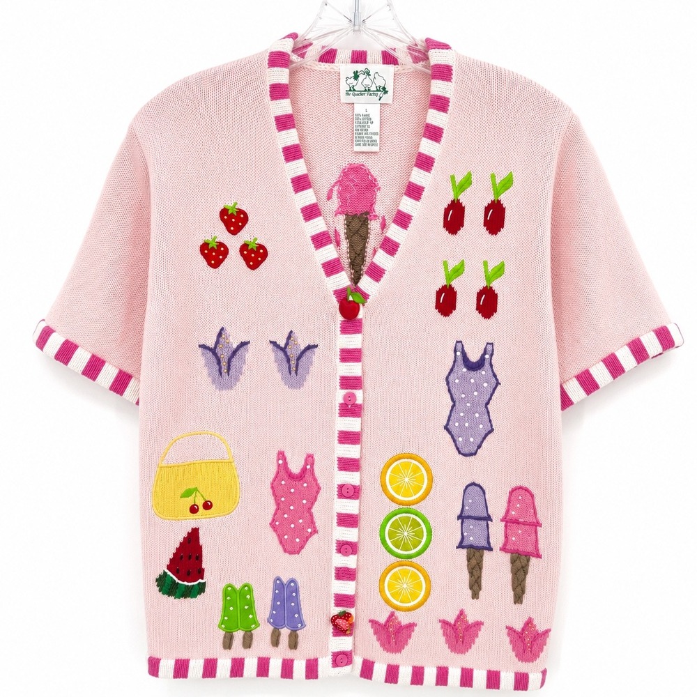 Vintage Quacker‎ Factory Fruit Ice Cream Summer Novelty Cardigan Ramie Cotton L